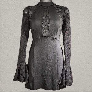 Free People Black Lace Insert Bell Sleeve Mini Dress